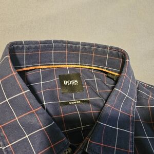 BOSS Navy Button-Down Shirt with Red & White Windowpane
